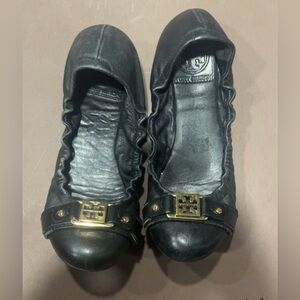 Tory Burch Black Leather Flats with Gold Logo Size 6